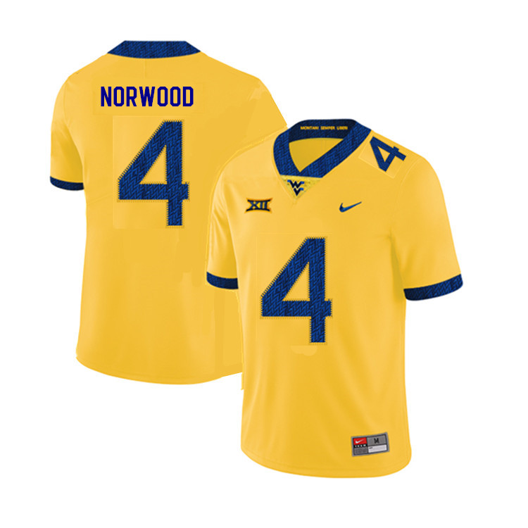 2019 Men #4 Josh Norwood West Virginia Mountaineers College Football Jerseys Sale-Yellow - Click Image to Close